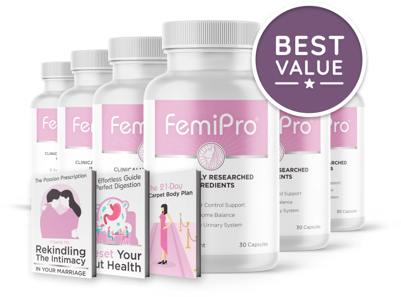FemiPro best value package with six bottles and free bonuses