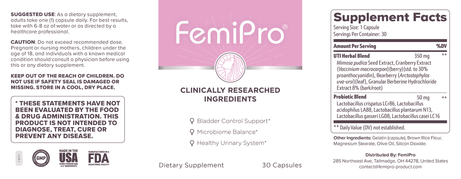 FemiPro suppliment facts label showing serving size and ingredients