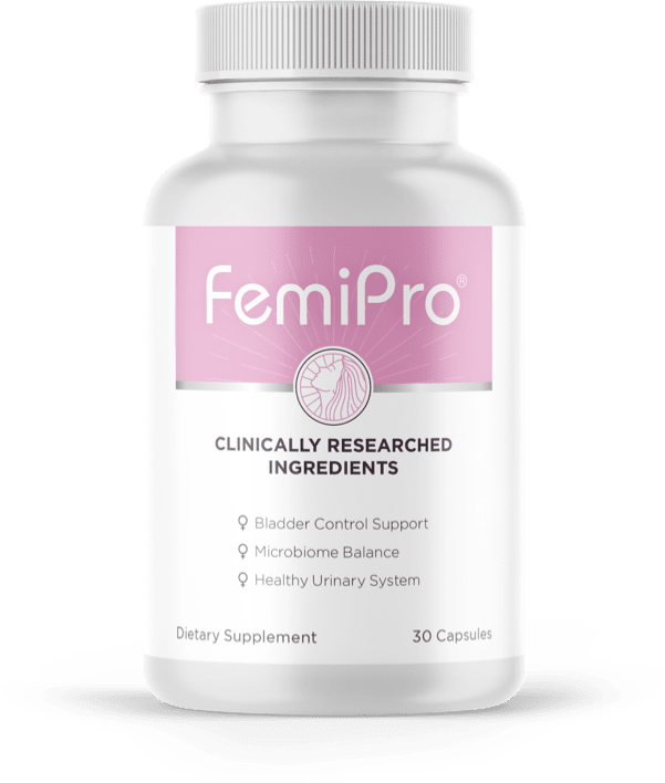 FemiPro bottle, a natural bladder and urinary health support supplement for women